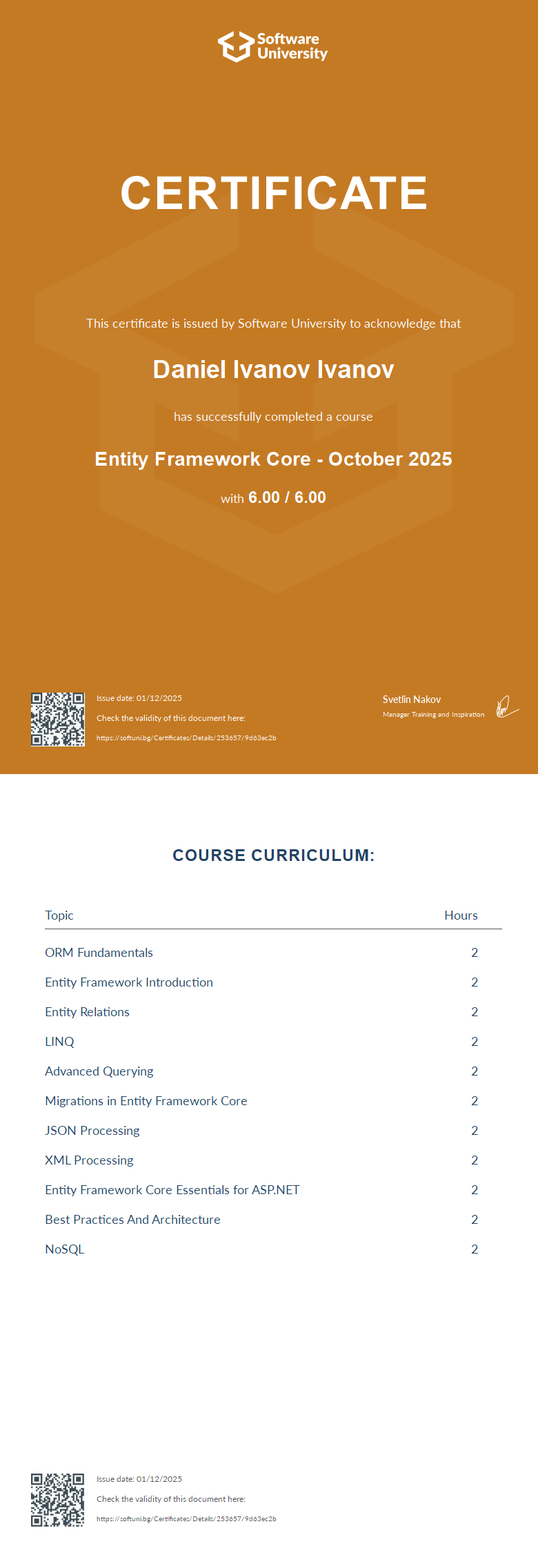 Entity Framework Core certificate